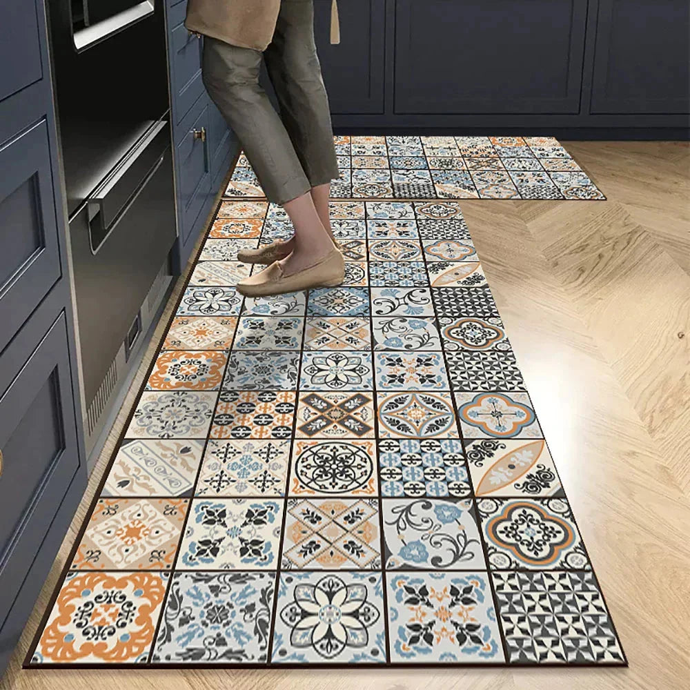 Anti-Slip Kitchen Rug Set with Tile Pattern, Machine Washable