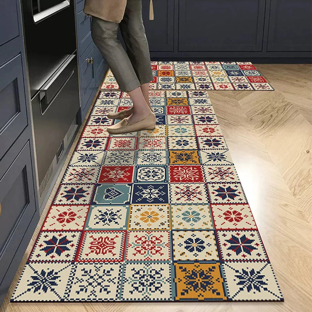 Anti-Slip Kitchen Rug Set with Tile Pattern, Machine Washable