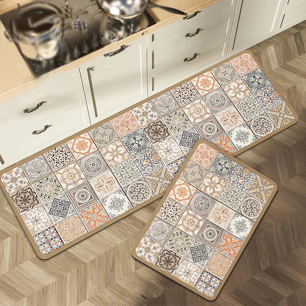 Anti-Slip Kitchen Rug Set with Tile Pattern, Machine Washable