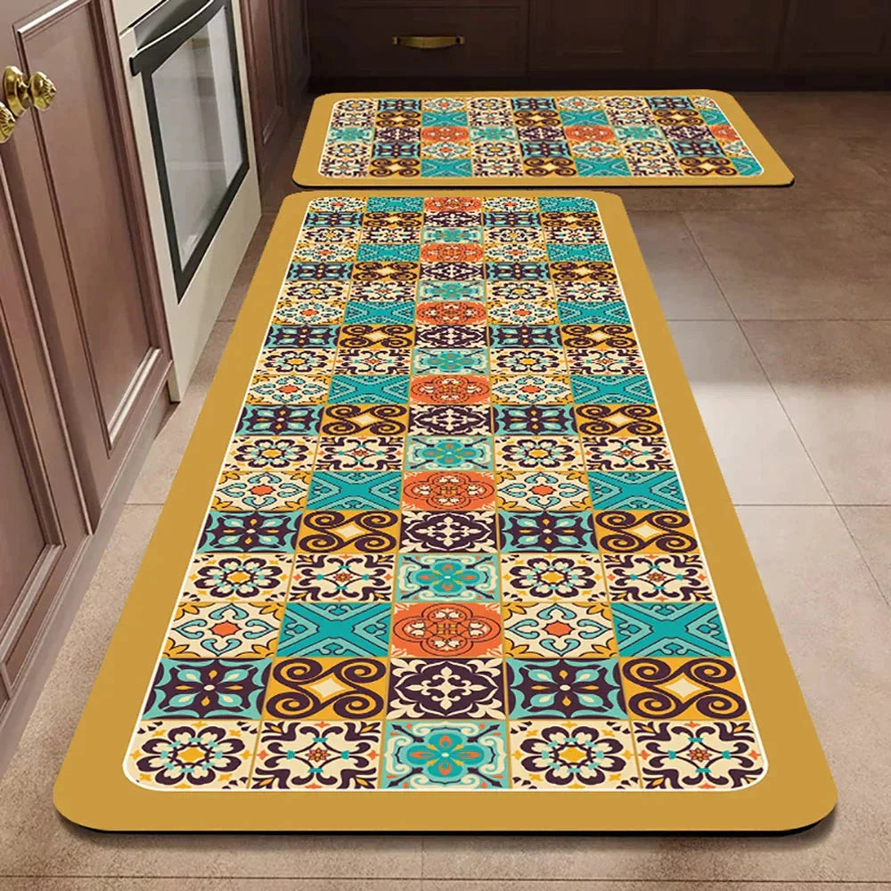 Anti-Slip Kitchen Rug Set with Tile Pattern, Machine Washable