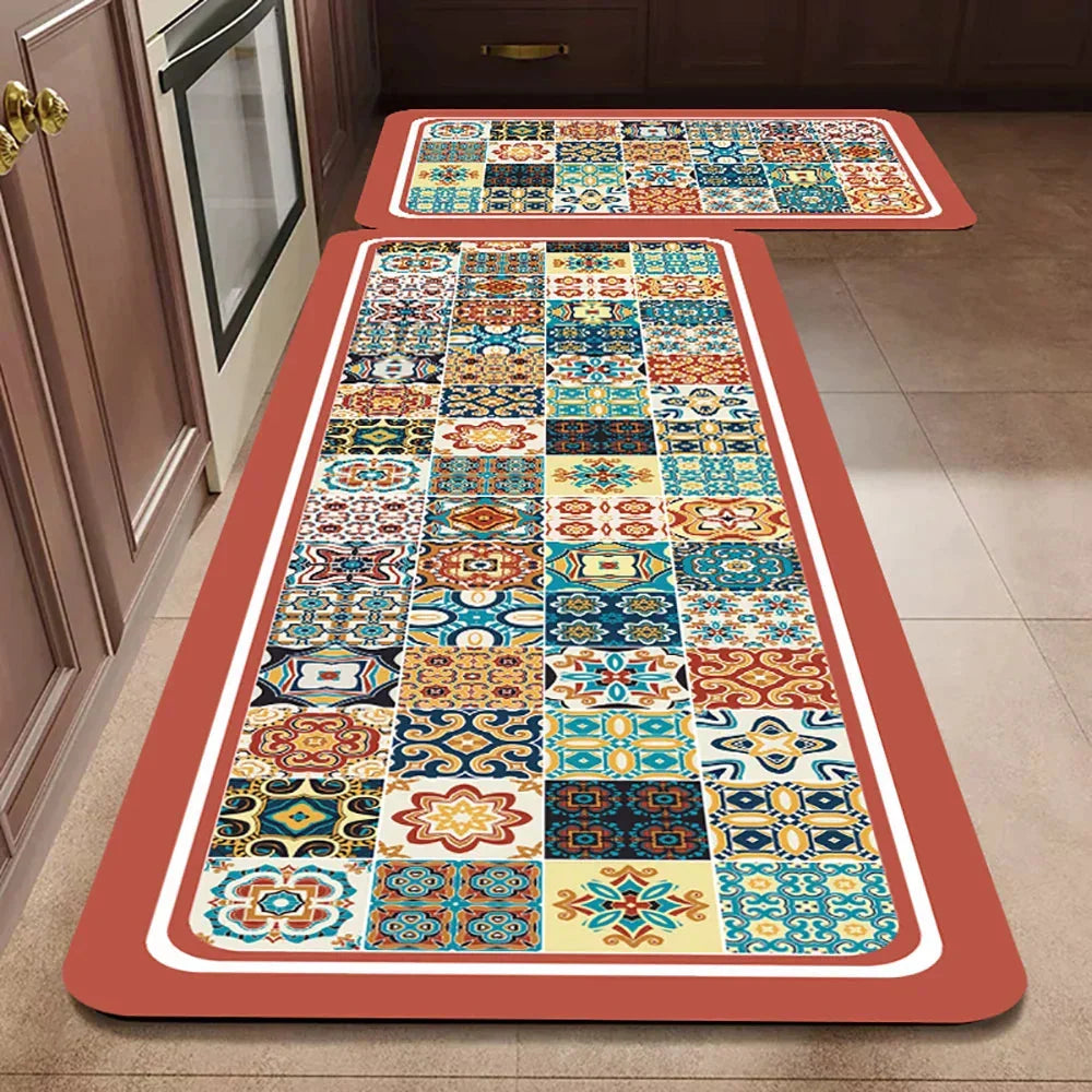 Anti-Slip Kitchen Rug Set with Tile Pattern, Machine Washable