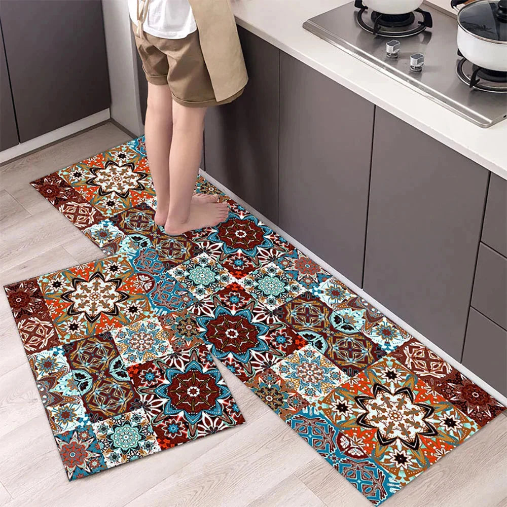 Anti-Slip Kitchen Rug Set with Tile Pattern, Machine Washable