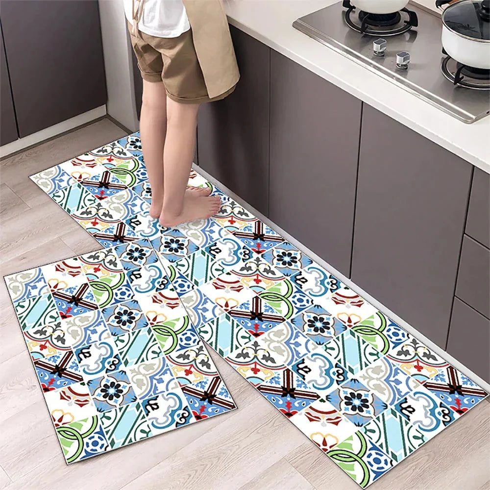 Anti-Slip Kitchen Rug Set with Tile Pattern, Machine Washable