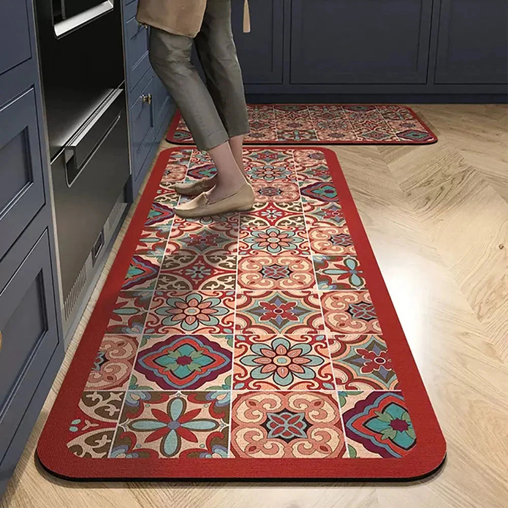 Anti-Slip Kitchen Rug Set with Tile Pattern, Machine Washable