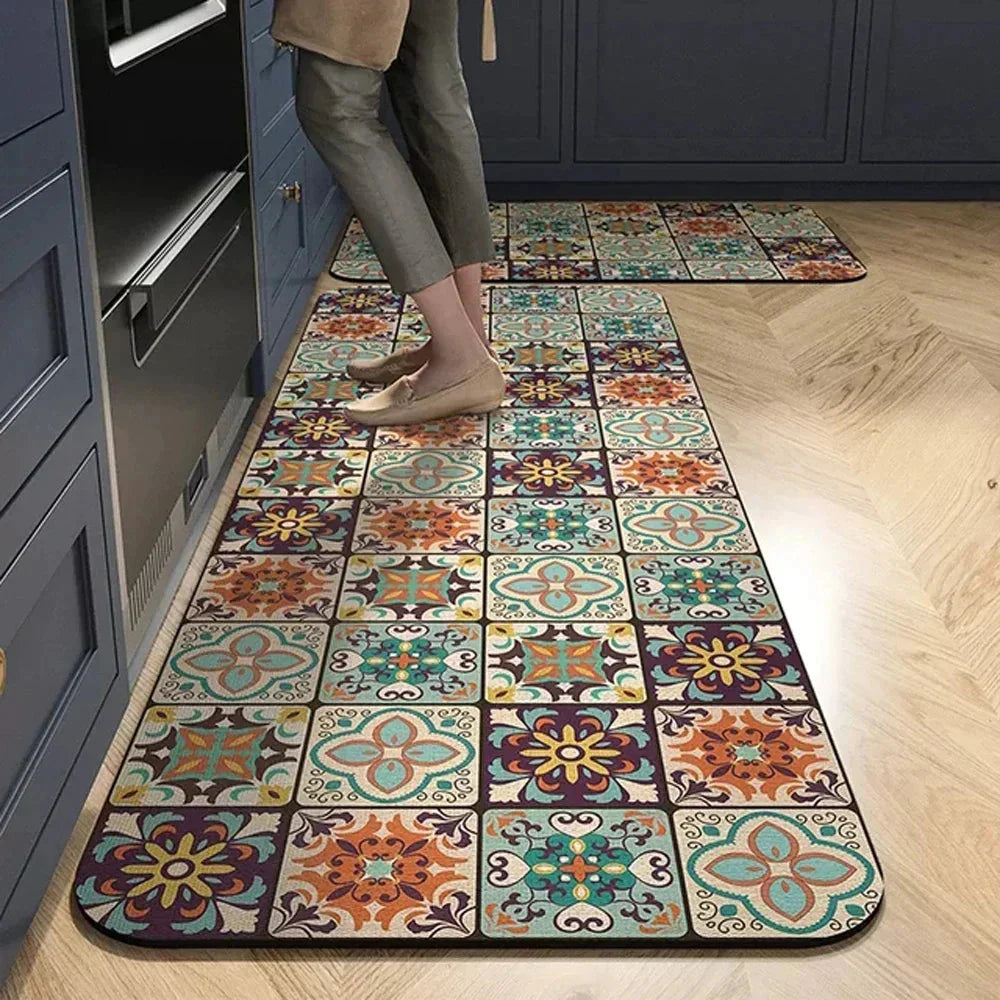 Anti-Slip Kitchen Rug Set with Tile Pattern, Machine Washable