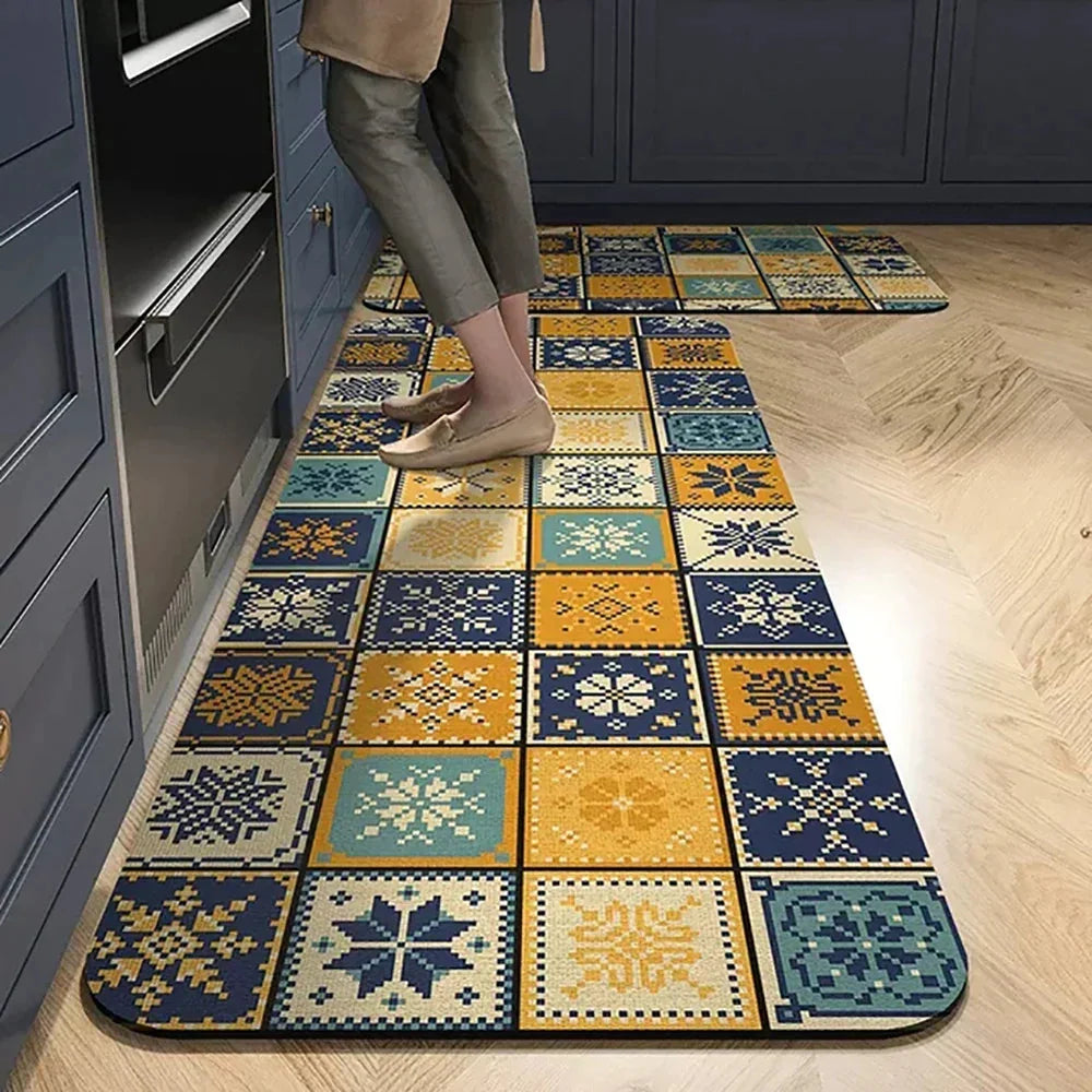Anti-Slip Kitchen Rug Set with Tile Pattern, Machine Washable