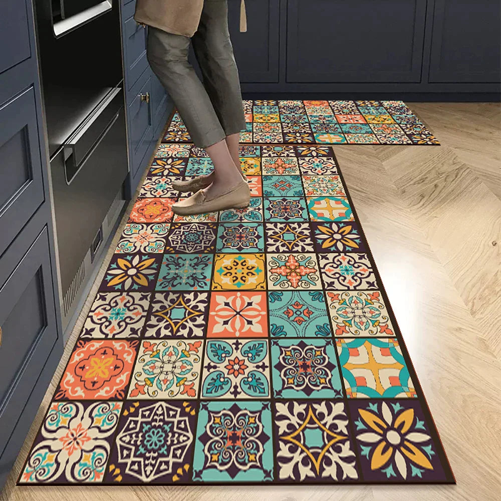 Non-Slip Kitchen Runner Rug with Tile Pattern