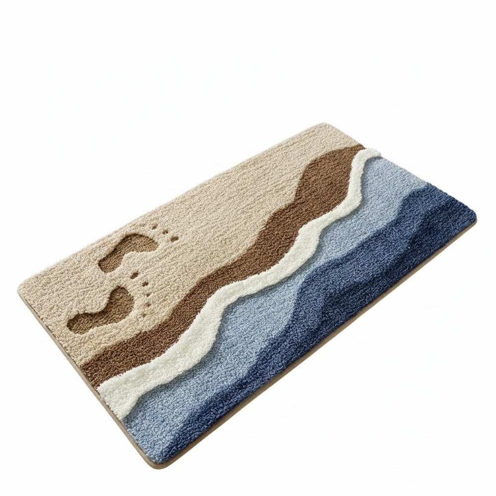 Coastal Bath Mat with Wave Pattern and Non-Slip Mesh