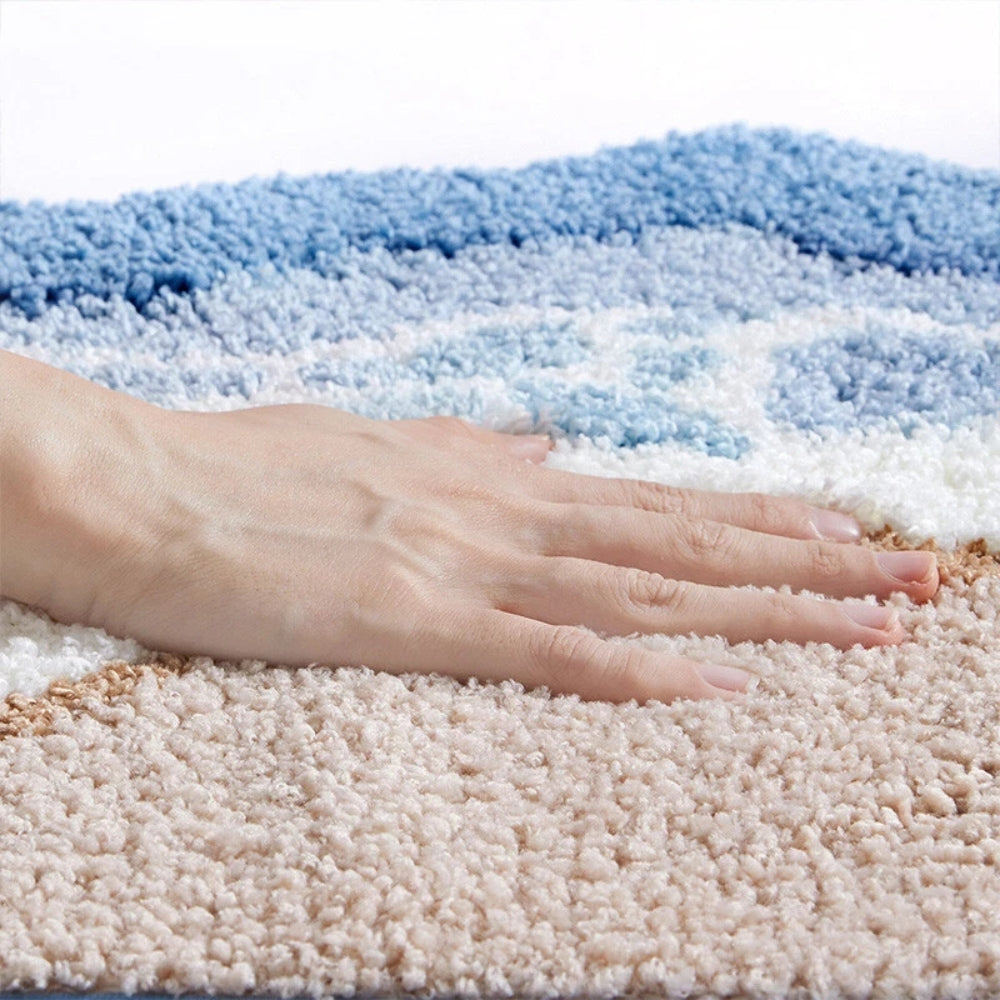 Coastal Bath Mat with Wave Pattern and Non-Slip Mesh