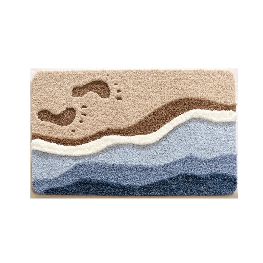 Coastal Bath Mat with Wave Pattern and Non-Slip Mesh