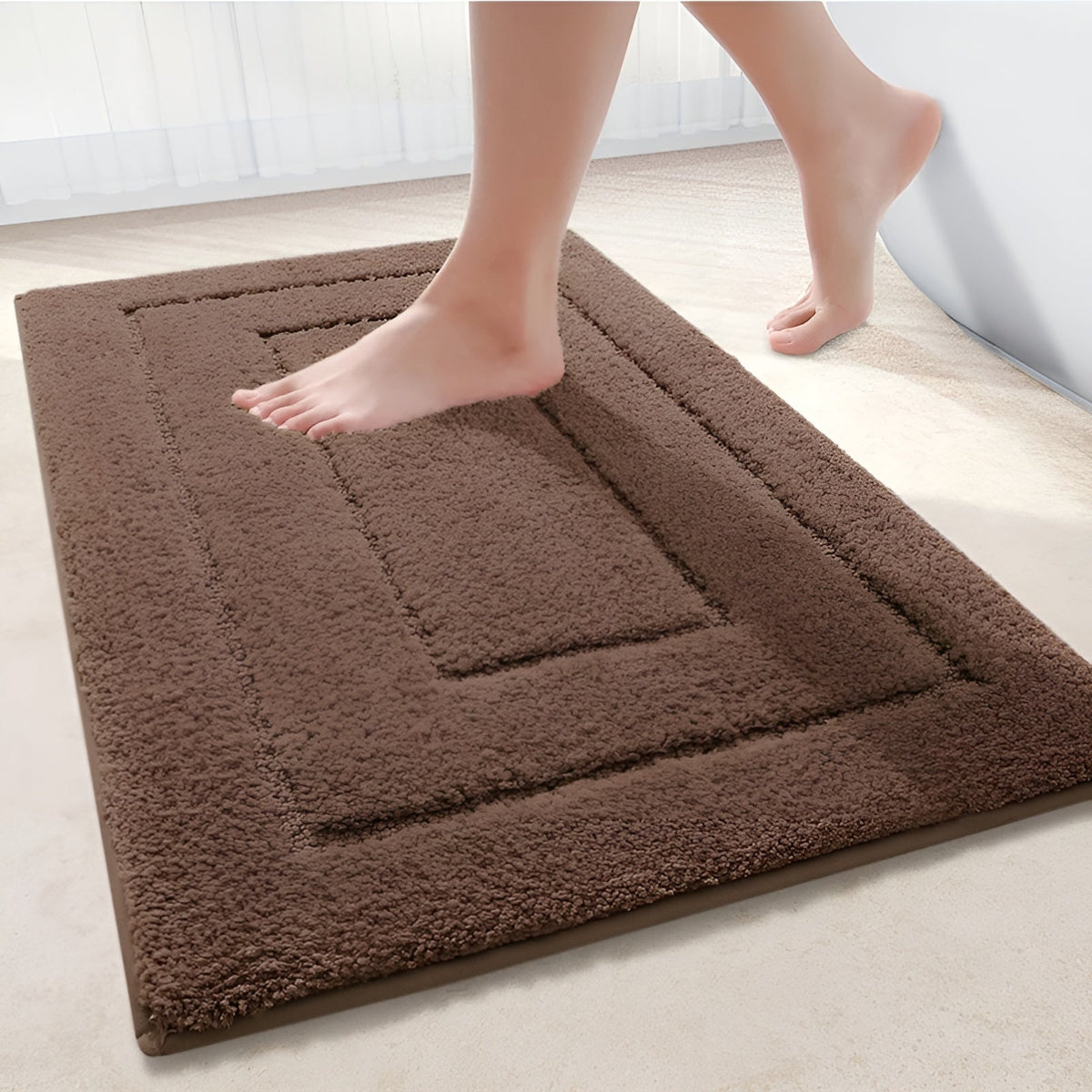 Non-Slip Microfibre Bath Mat with Bordered Rectangle Design