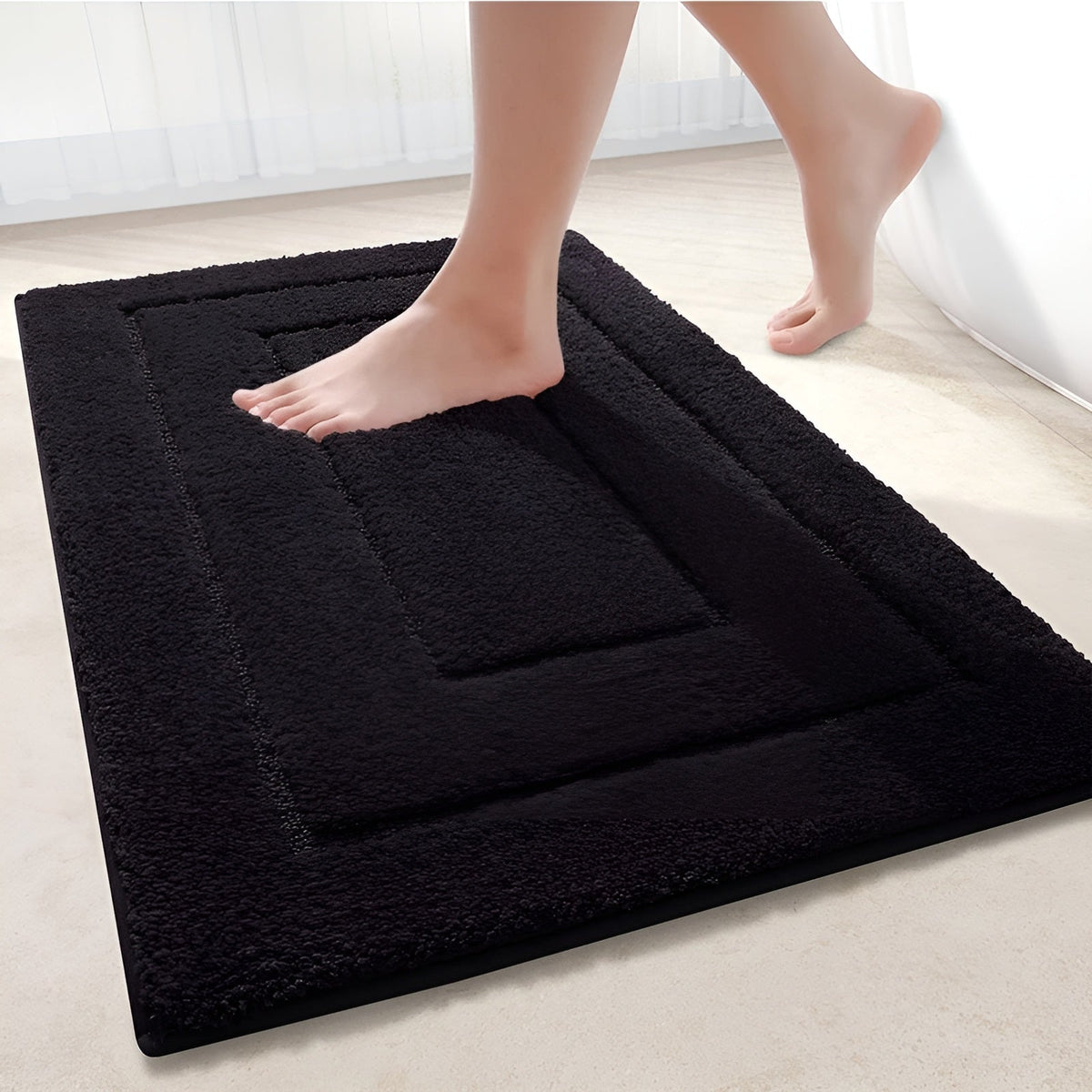 Non-Slip Microfibre Bath Mat with Bordered Rectangle Design