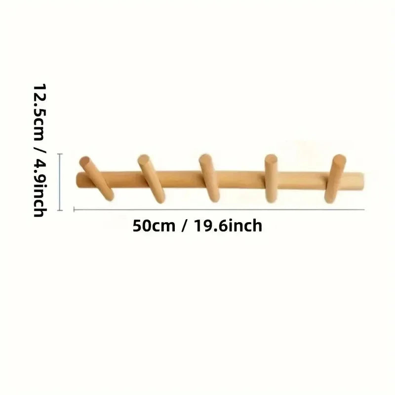 Solid Oak Wall Coat Rack with 5 Hooks, Minimalist