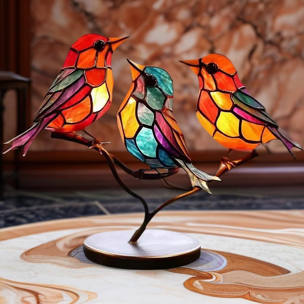 Coloured Glass Bird Sculpture on a Branch, Table Decor
