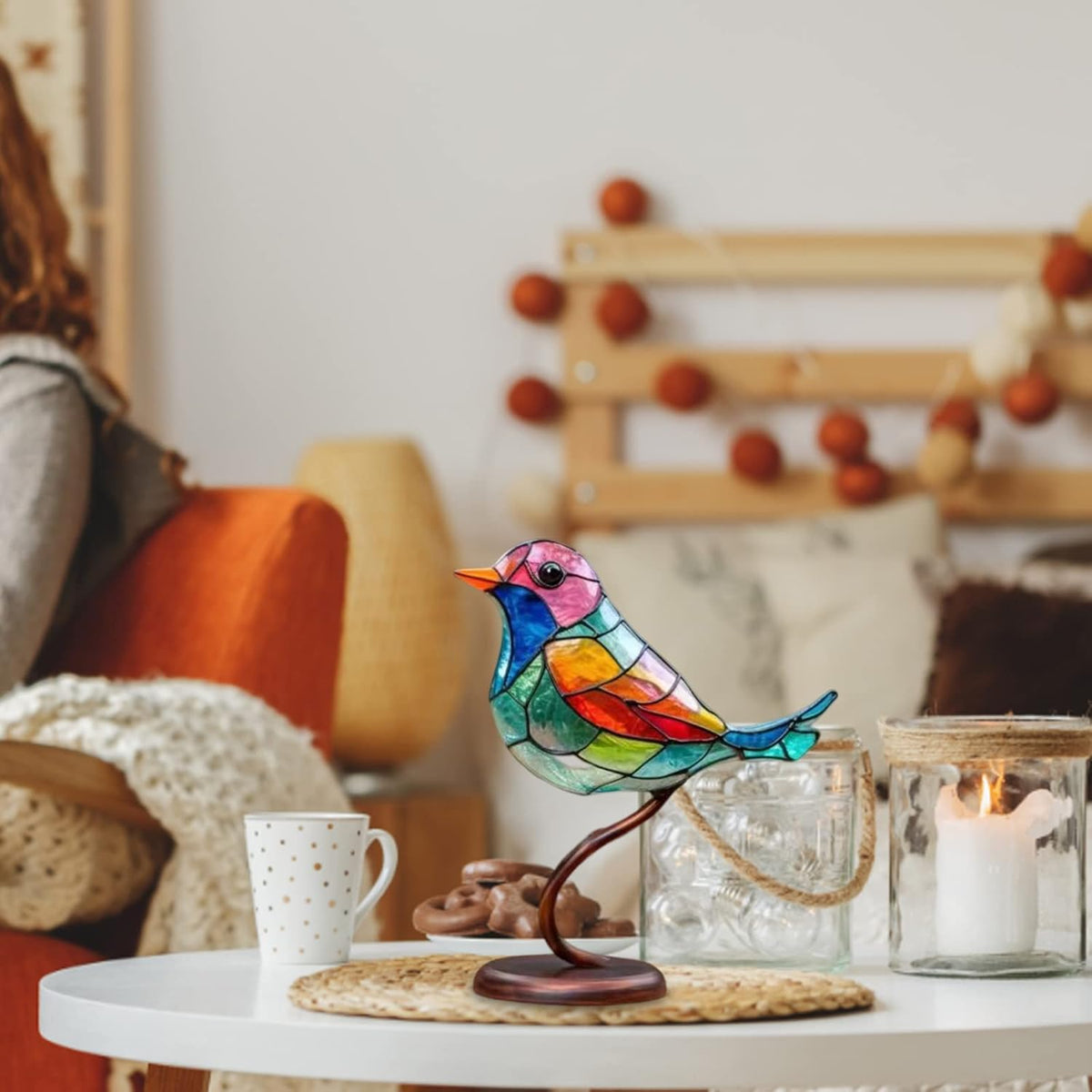 Coloured Glass Bird Sculpture on a Branch, Table Decor