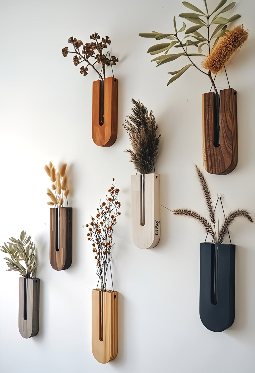 Pine Wood Wall Plant Holders, Set of 7, Vertical Display