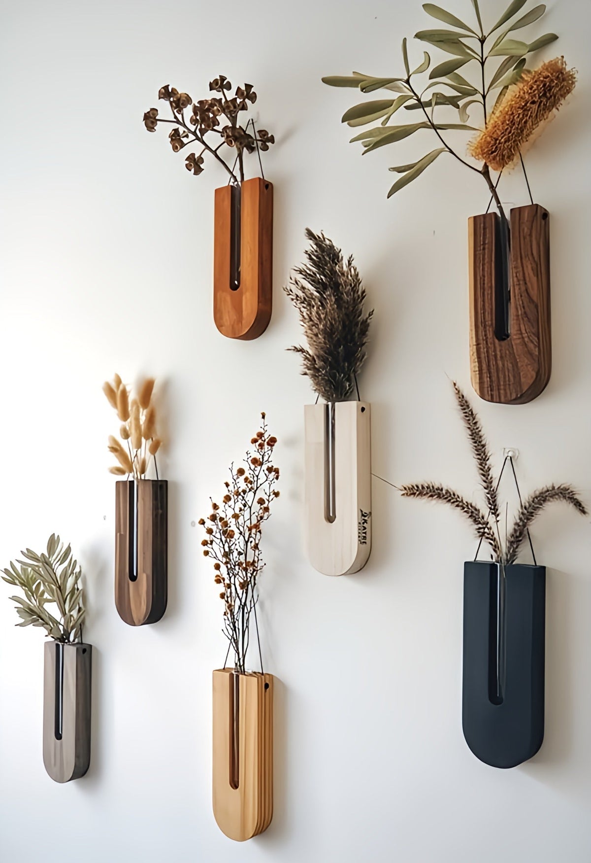 Pine Wood Wall Plant Holders, Set of 7, Vertical Display