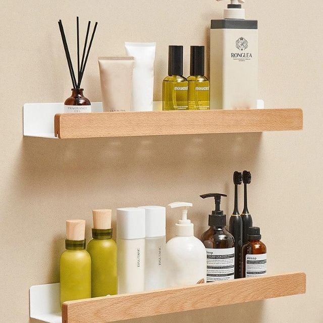 Solid Wood Bathroom Shelf, No-Drill Adhesive Mounting