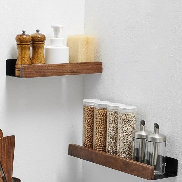 Solid Wood Bathroom Shelf, No-Drill Adhesive Mounting