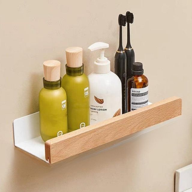 Solid Wood Bathroom Shelf, No-Drill Adhesive Mounting
