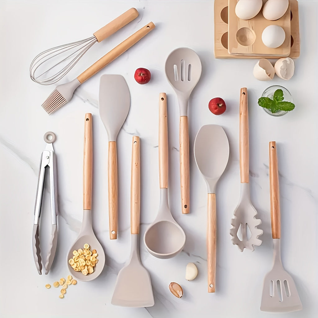 12-Piece Silicone Utensil Set with Wooden Handles, 9 Colours