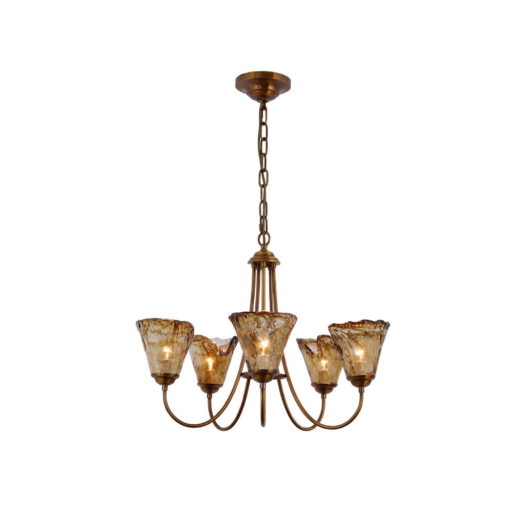Brass Chandelier with Amber Glass Shades, 5 to 12 Lights