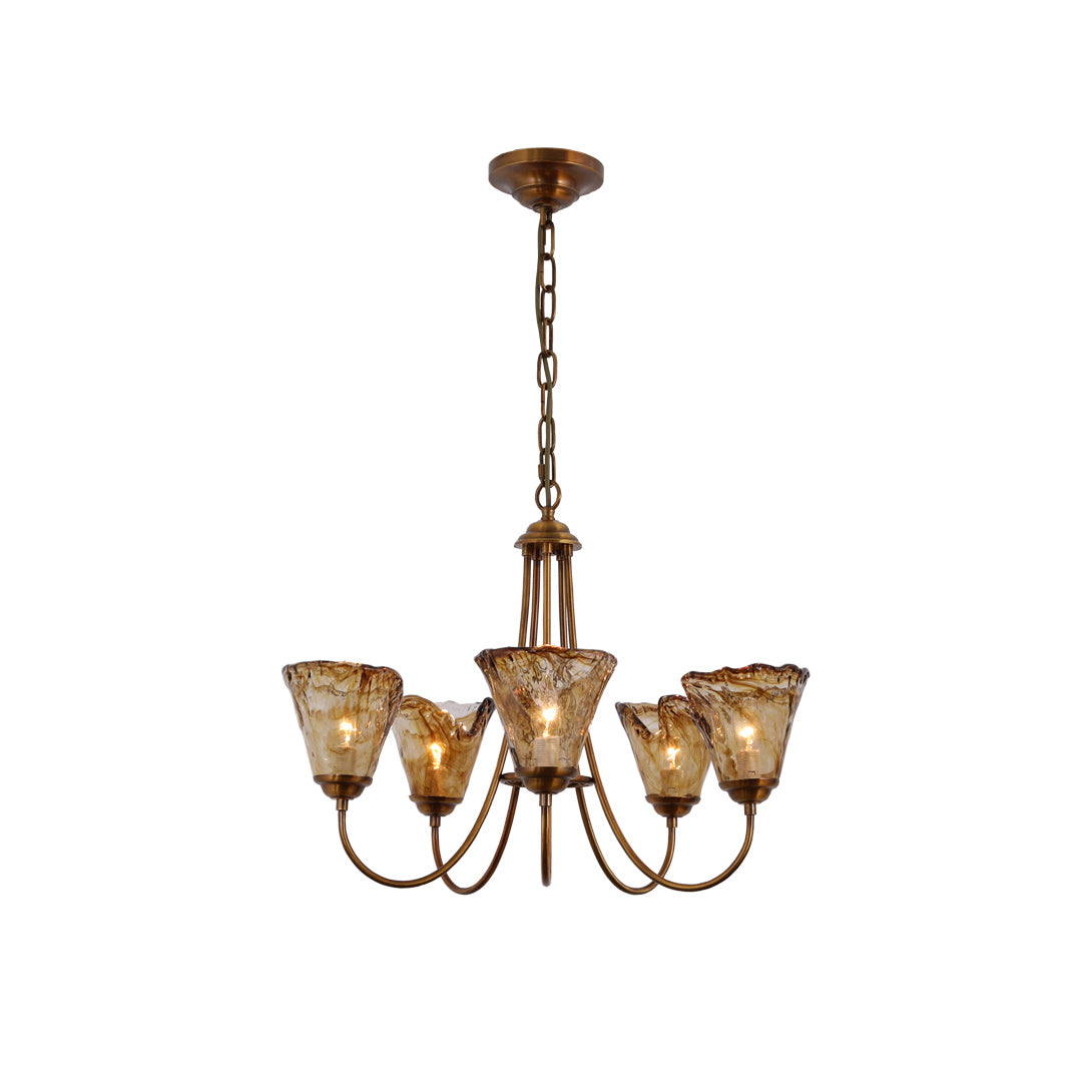 Brass Chandelier with Amber Glass Shades, 5 to 12 Lights