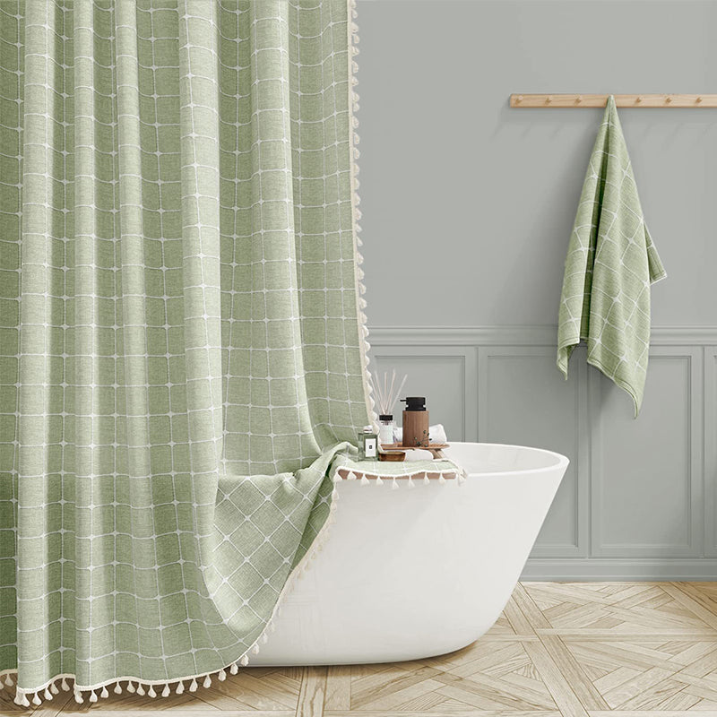 Boho Tasselled Shower Curtain, Waterproof Linen-Weave Jacquard