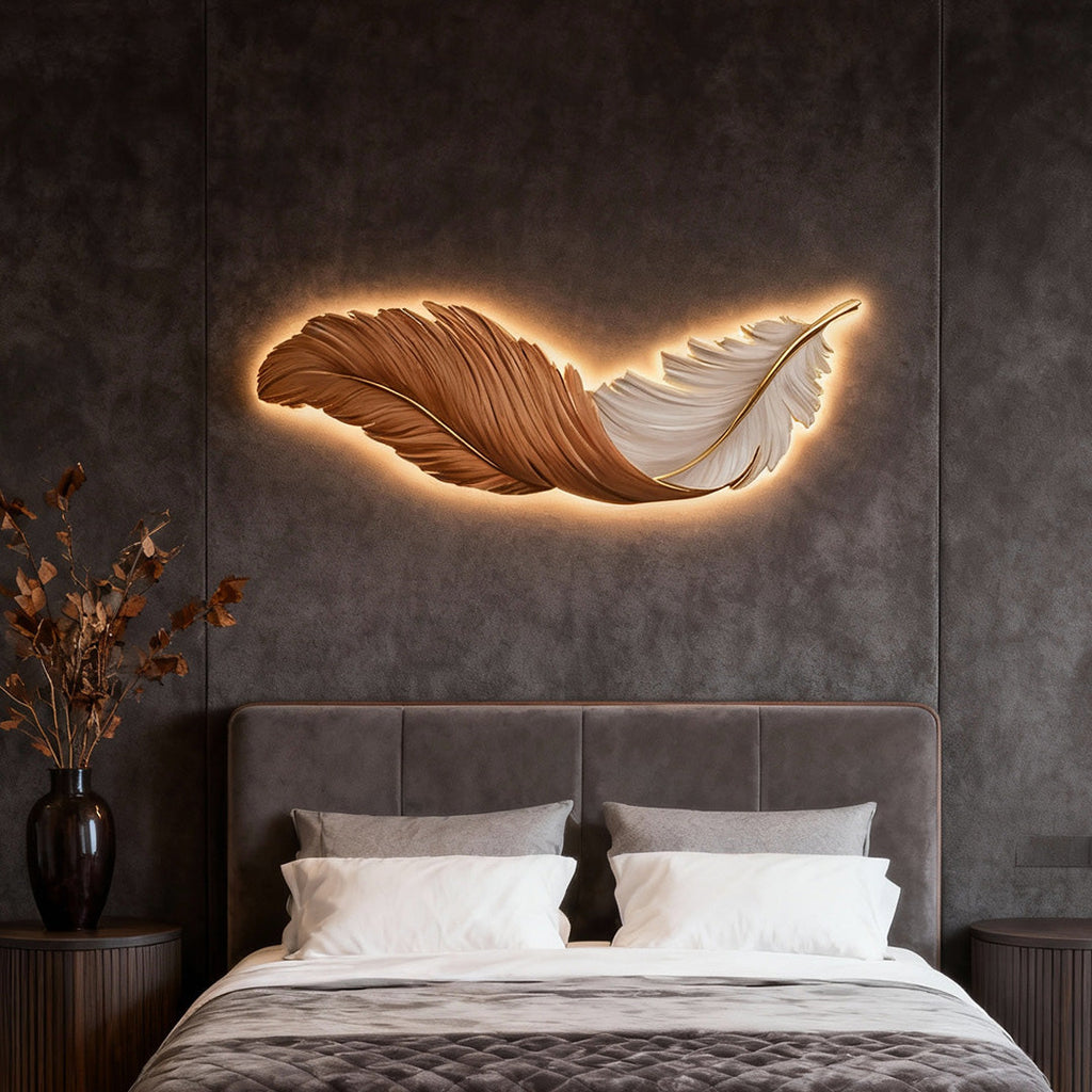 Feather LED Wall Art Light with Hidden Strip and Remote Dimmer