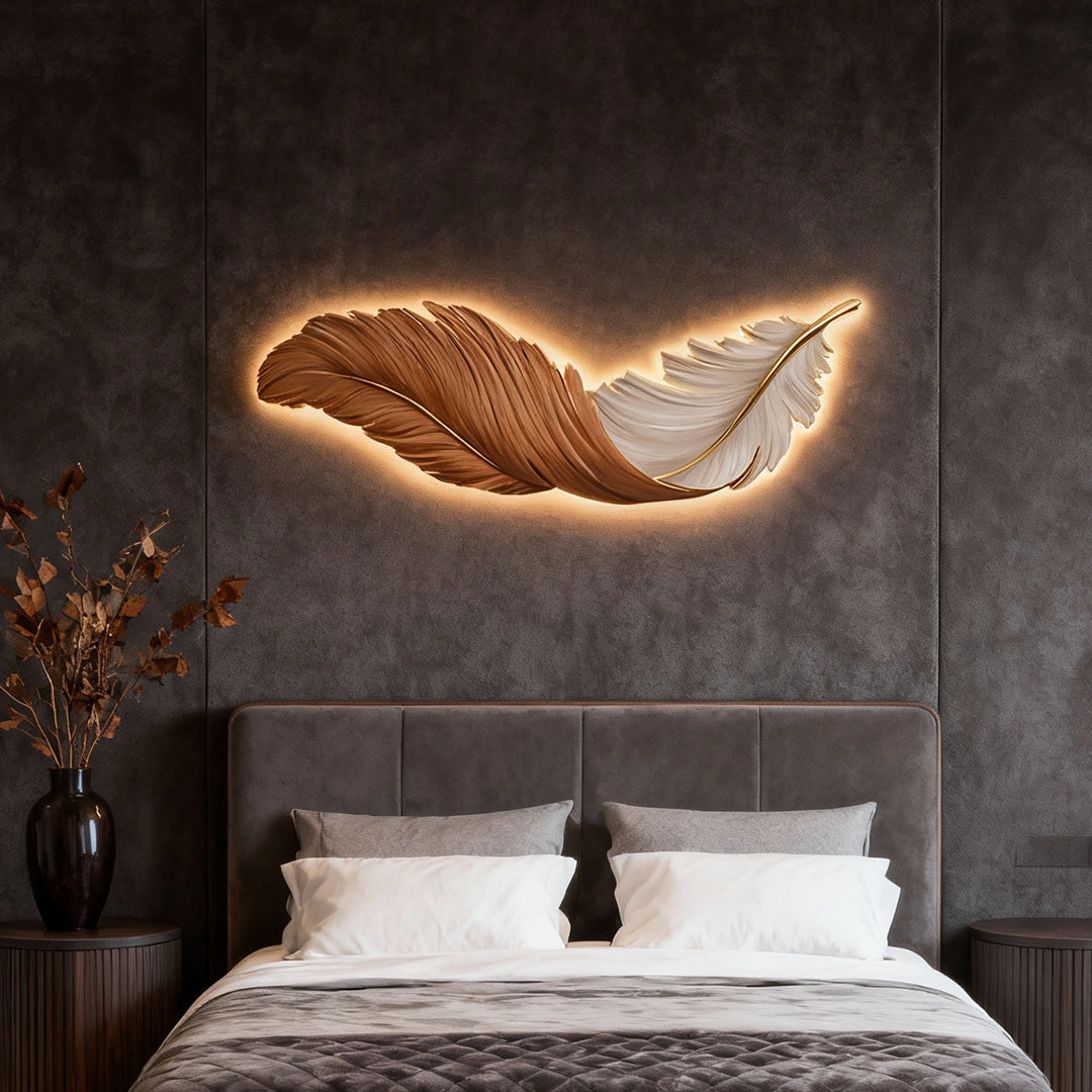Feather LED Wall Art Light with Hidden Strip and Remote Dimmer