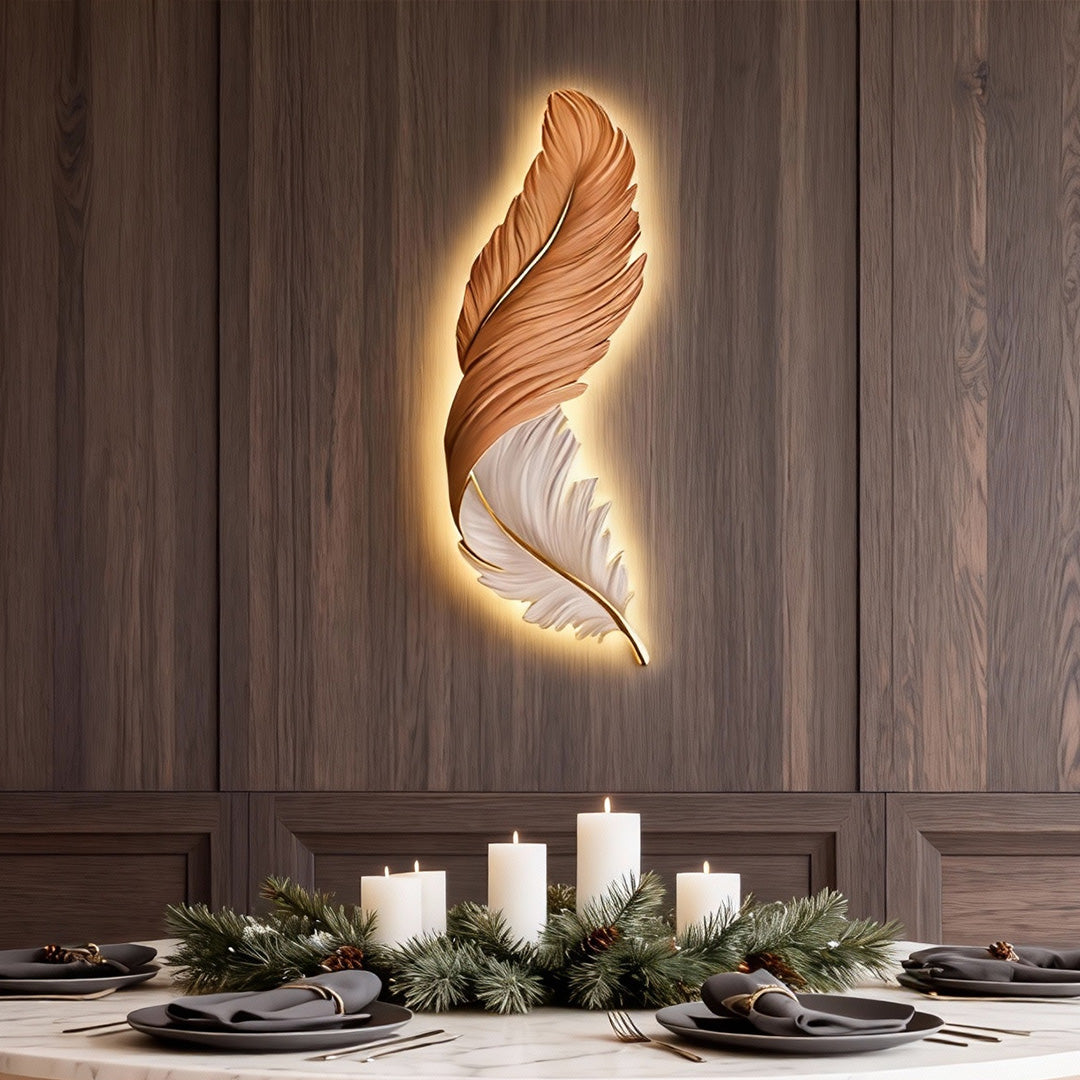 Feather LED Wall Art Light with Hidden Strip and Remote Dimmer
