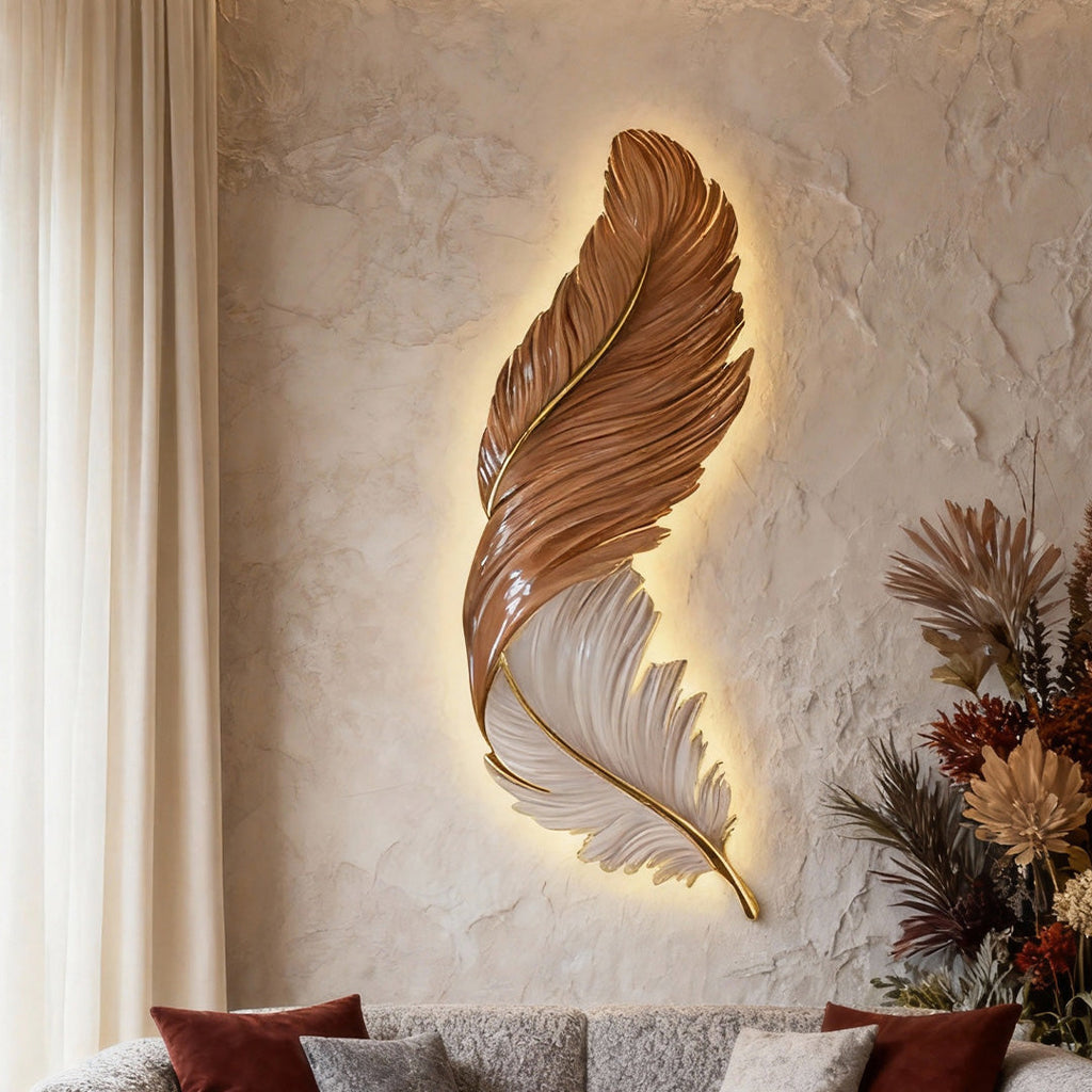 Feather LED Wall Art Light with Hidden Strip and Remote Dimmer