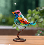 Stained Glass Birds on a Branch Figurine, Metal Base, 15 x 20 cm