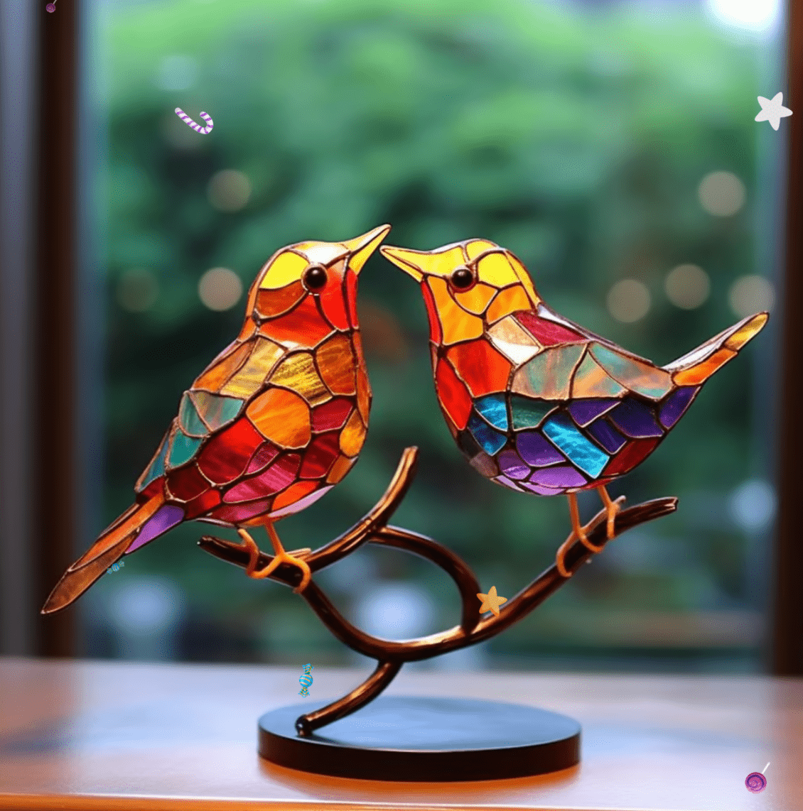 Stained Glass Birds on a Branch Figurine, Metal Base, 15 x 20 cm