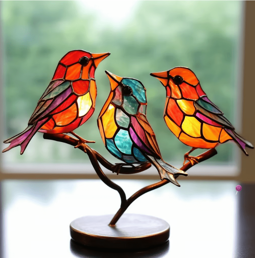 Stained Glass Birds on a Branch Figurine, Metal Base, 15 x 20 cm