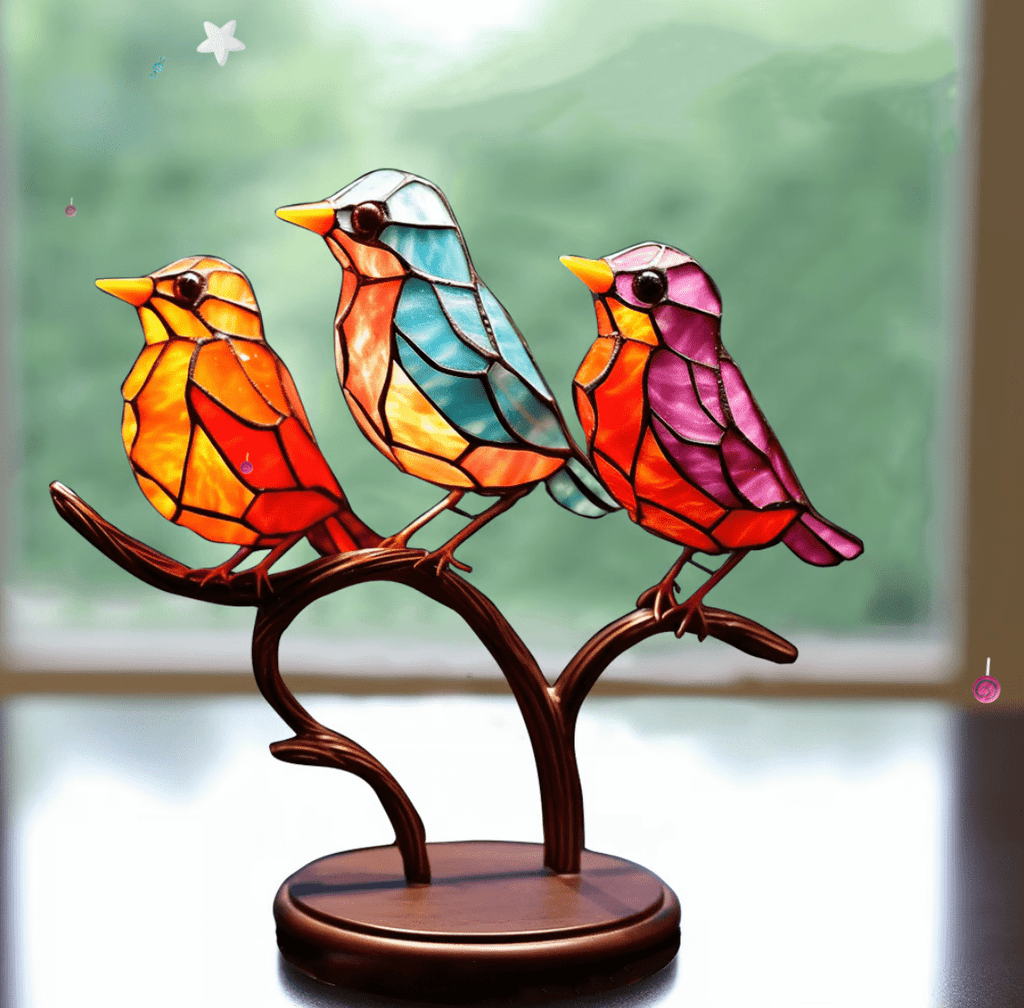 Stained Glass Birds on a Branch Figurine, Metal Base, 15 x 20 cm