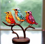 Stained Glass Birds on a Branch Figurine, Metal Base, 15 x 20 cm