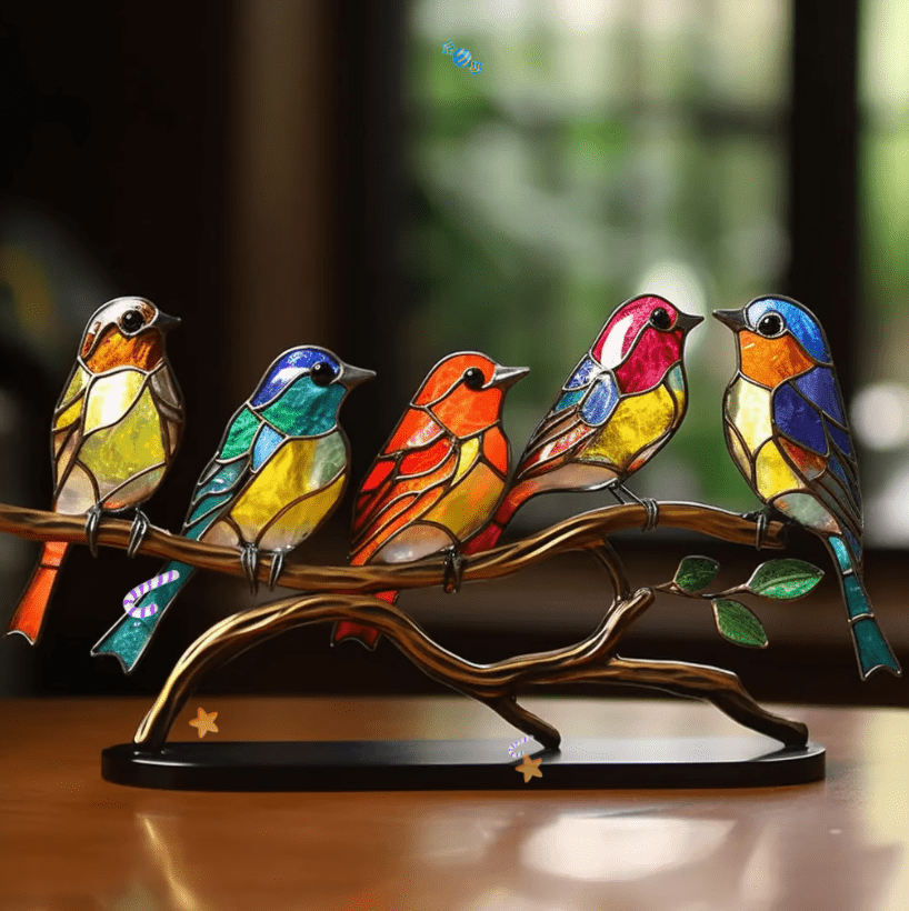 Stained Glass Birds on a Branch Figurine, Metal Base, 15 x 20 cm