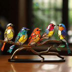 Stained Glass Birds on a Branch Figurine, Metal Base, 15 x 20 cm