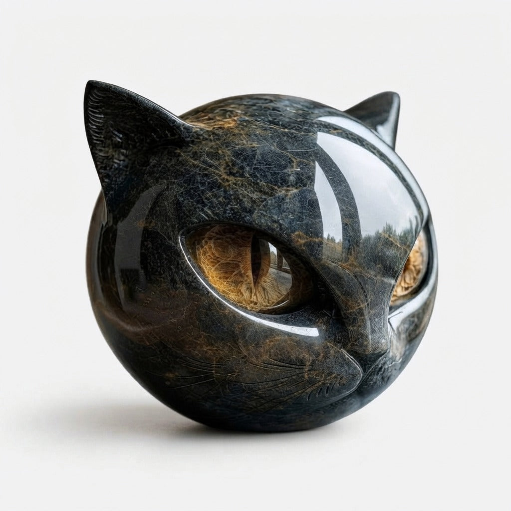 Marble Effect Cat Head Figurine with Coloured Eyes