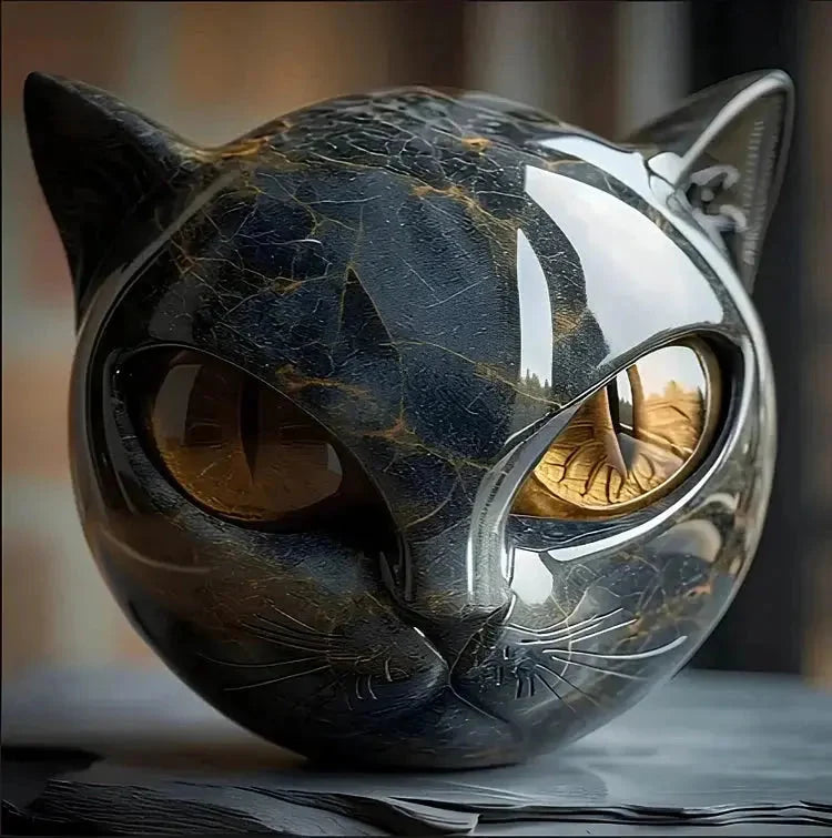 Marble Effect Cat Head Figurine with Coloured Eyes