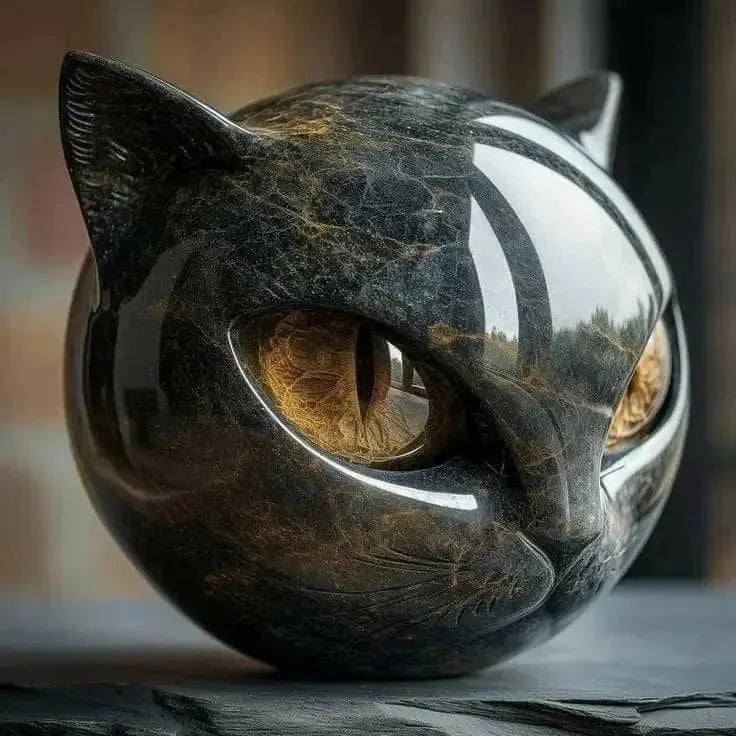 Marble Effect Cat Head Figurine with Coloured Eyes
