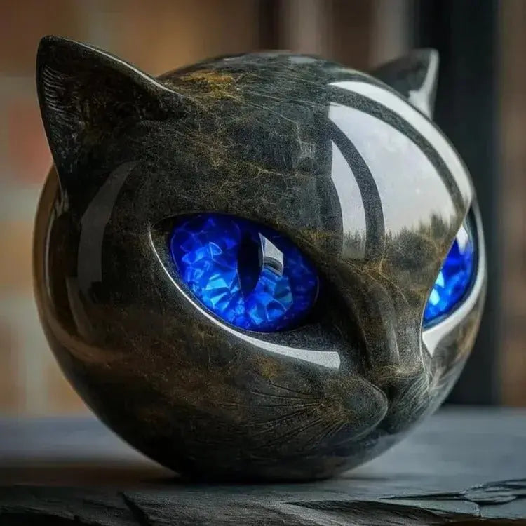 Marble Effect Cat Head Figurine with Coloured Eyes