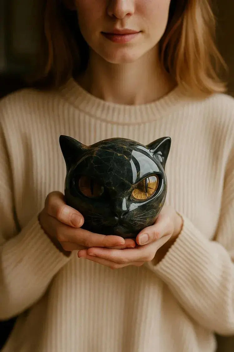 Marble Effect Cat Head Figurine with Coloured Eyes