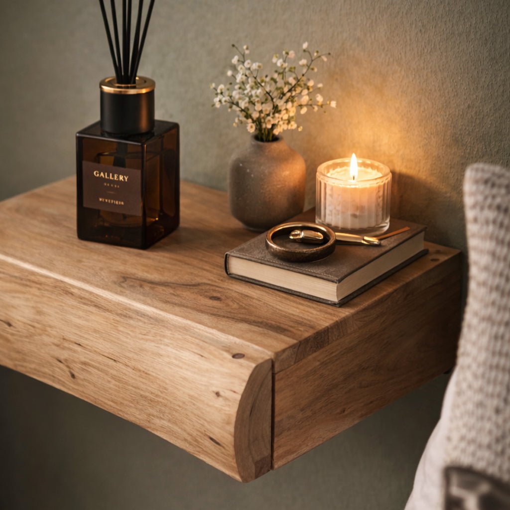 Floating Acacia Bedside Shelves, Set of 2, Wall Mounted