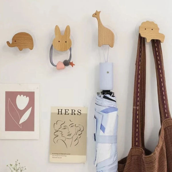 Wooden Animal Wall Hooks, Self-Adhesive or Screw Fixing