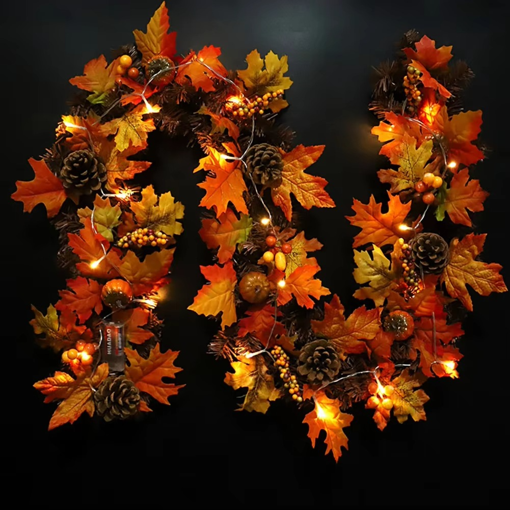 Autumn Maple Leaf Garland with Pine Cones, Berries and Lights