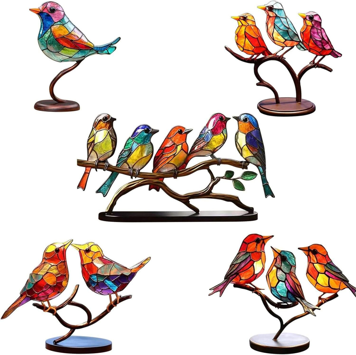 Handmade Glass Birds on a Branch Ornament, Colourful Desk Decor