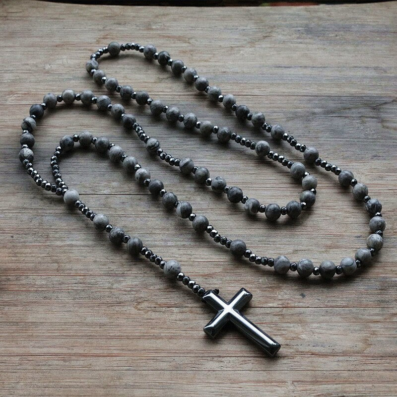 Natural Gemstone Rosary Necklace with Cross Pendant for Men