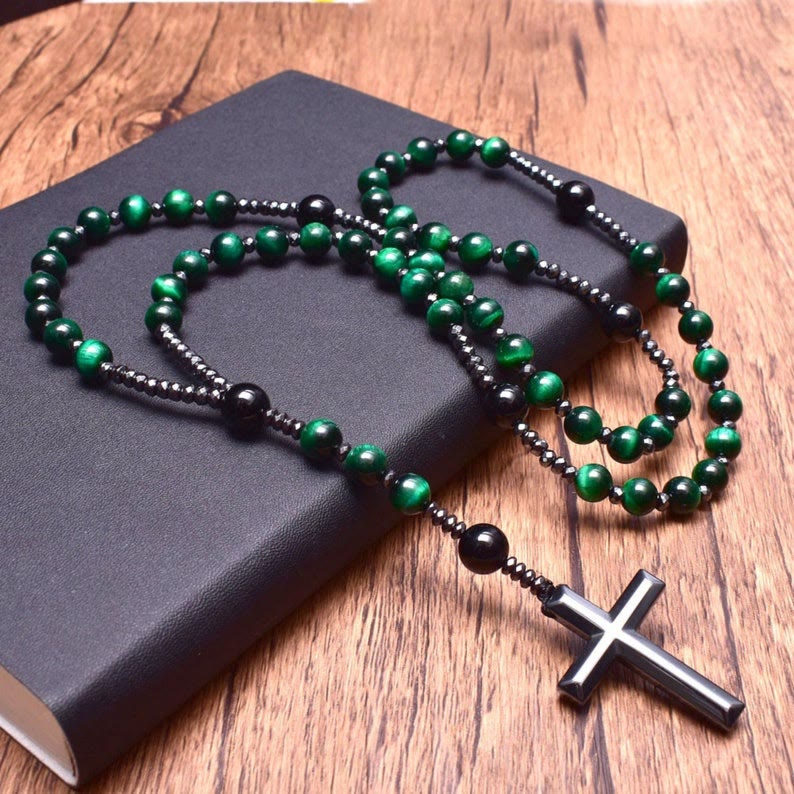Natural Gemstone Rosary Necklace with Cross Pendant for Men